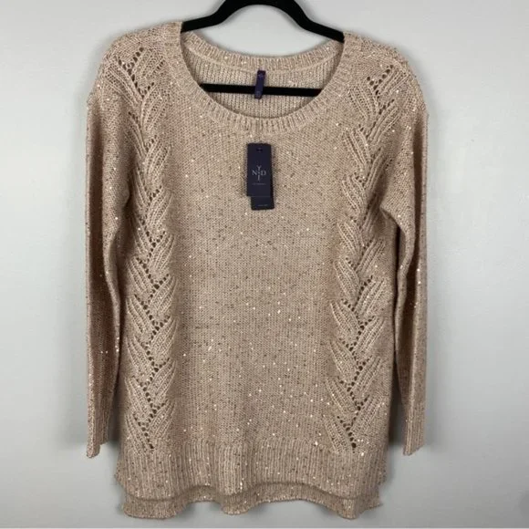 NYDJ Sequin Oversized Ntral Sweater XS Cream Pink Cameo - Picture 2 of 13